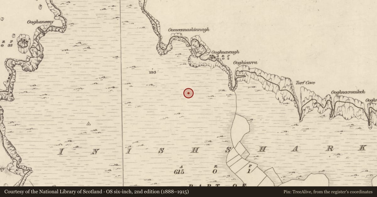 Ordnance Survey six-inch map, 2nd edition (1888–1915) covering the location of Enclosure, Inishshark, County Galway, with a pin at the register's coordinates