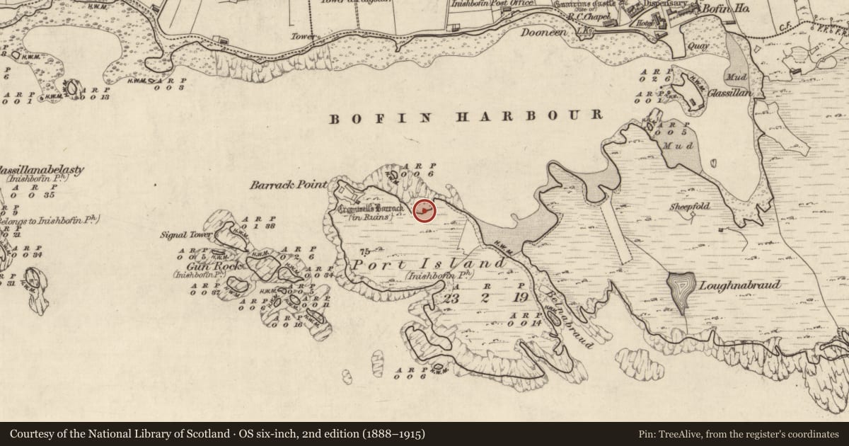 Ordnance Survey six-inch map, 2nd edition (1888–1915) covering the location of Building, Knock (Inishbofin Par.), County Galway, with a pin at the register's coordinates