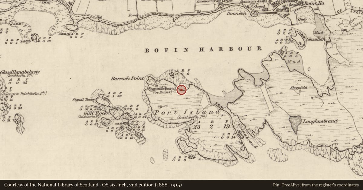 Ordnance Survey six-inch map, 2nd edition (1888–1915) covering the location of Hut site, Knock (Inishbofin Par.), County Galway, with a pin at the register's coordinates