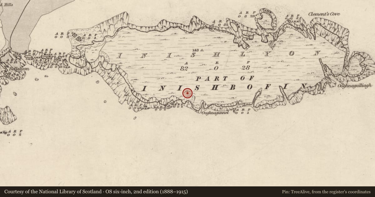 Ordnance Survey six-inch map, 2nd edition (1888–1915) covering the location of House - indeterminate date, Inishlyon, County Galway, with a pin at the register's coordinates