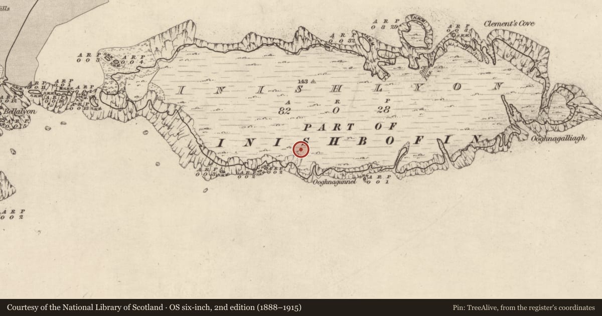 Ordnance Survey six-inch map, 2nd edition (1888–1915) covering the location of Field boundary, Inishlyon, County Galway, with a pin at the register's coordinates