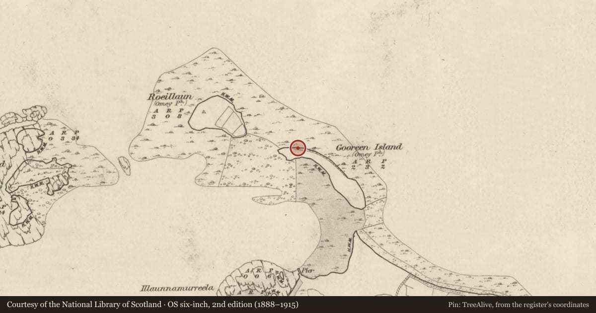 Ordnance Survey six-inch map, 2nd edition (1888–1915) covering the location of Midden, Gooreen Island, County Galway, with a pin at the register's coordinates