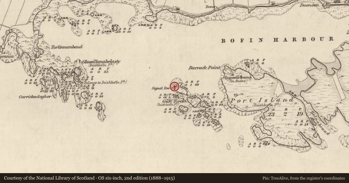 Ordnance Survey six-inch map, 2nd edition (1888–1915) covering the location of Beacon, Port Island, County Galway, with a pin at the register's coordinates