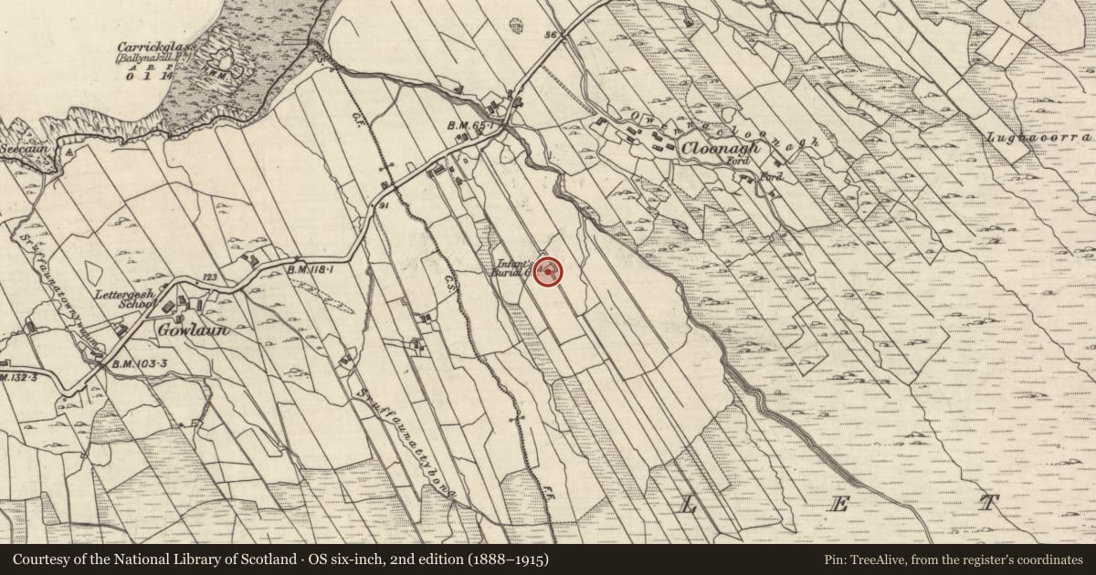 Ordnance Survey six-inch map, 2nd edition (1888–1915) covering the location of Children's burial ground, Lettergesh East, County Galway, with a pin at the register's coordinates