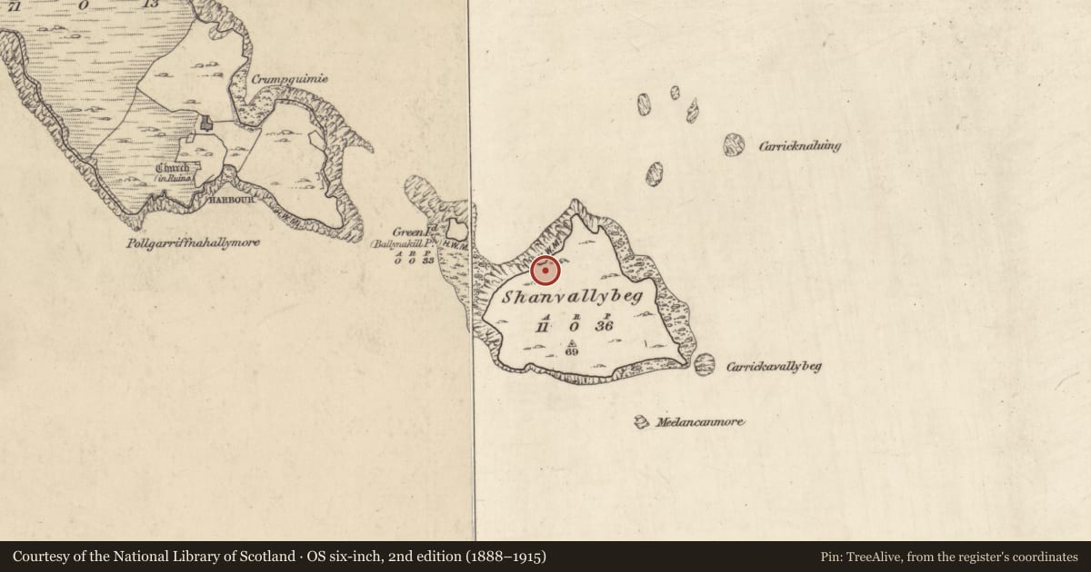 Ordnance Survey six-inch map, 2nd edition (1888–1915) covering the location of House - indeterminate date, Shanvallybeg, County Galway, with a pin at the register's coordinates