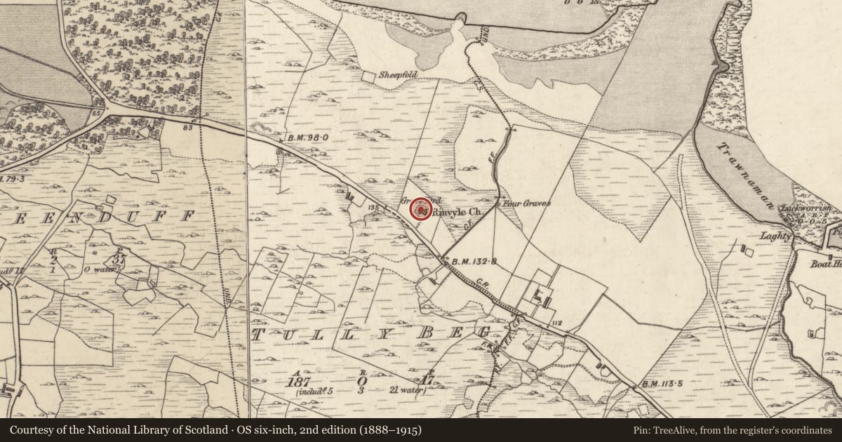 Ordnance Survey six-inch map, 2nd edition (1888–1915) covering the location of Meeting-house, Tully Beg, County Galway, with a pin at the register's coordinates