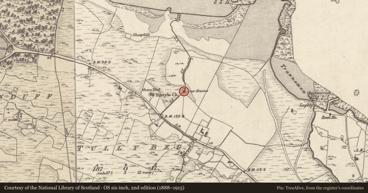 Ordnance Survey six-inch map, 2nd edition (1888–1915) covering the location of Burial, Tully More, County Galway, with a pin at the register's coordinates
