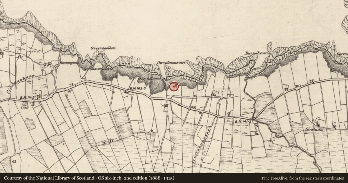 Ordnance Survey six-inch map, 2nd edition (1888–1915) covering the location of Promontory fort - coastal, Mullaghglass, County Galway, with a pin at the register's coordinates