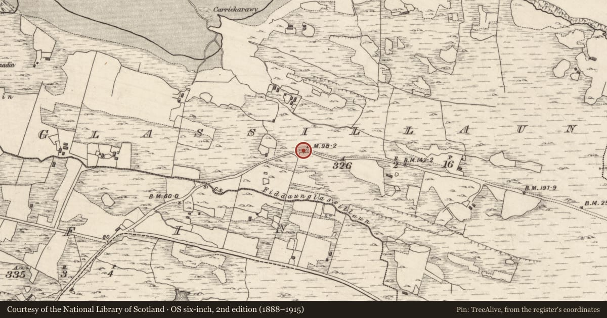 Ordnance Survey six-inch map, 2nd edition (1888–1915) covering the location of Cairn - wayside cairn, Glassillaun, County Galway, with a pin at the register's coordinates