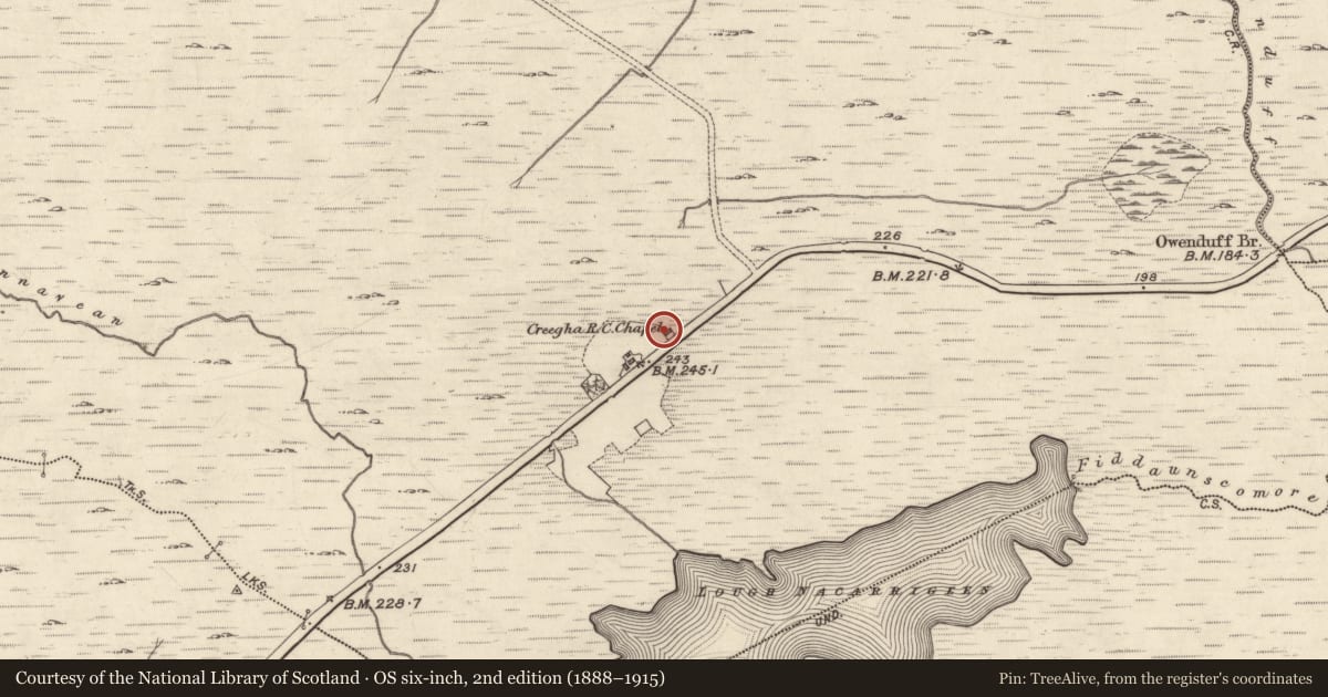 Ordnance Survey six-inch map, 2nd edition (1888–1915) covering the location of Church, Lecknavarna, County Galway, with a pin at the register's coordinates