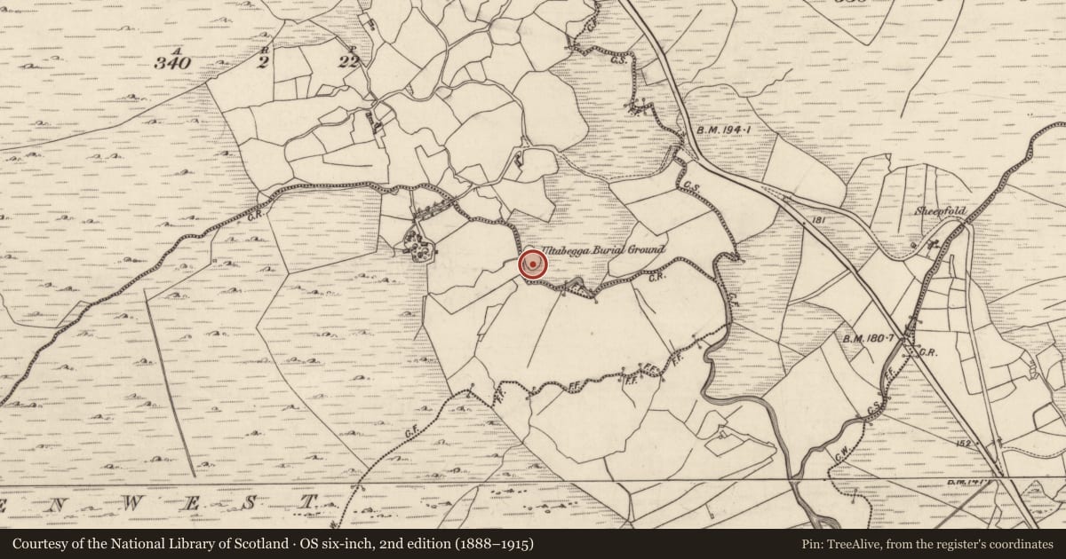 Ordnance Survey six-inch map, 2nd edition (1888–1915) covering the location of Children's burial ground, Culliagh Beg, County Galway, with a pin at the register's coordinates