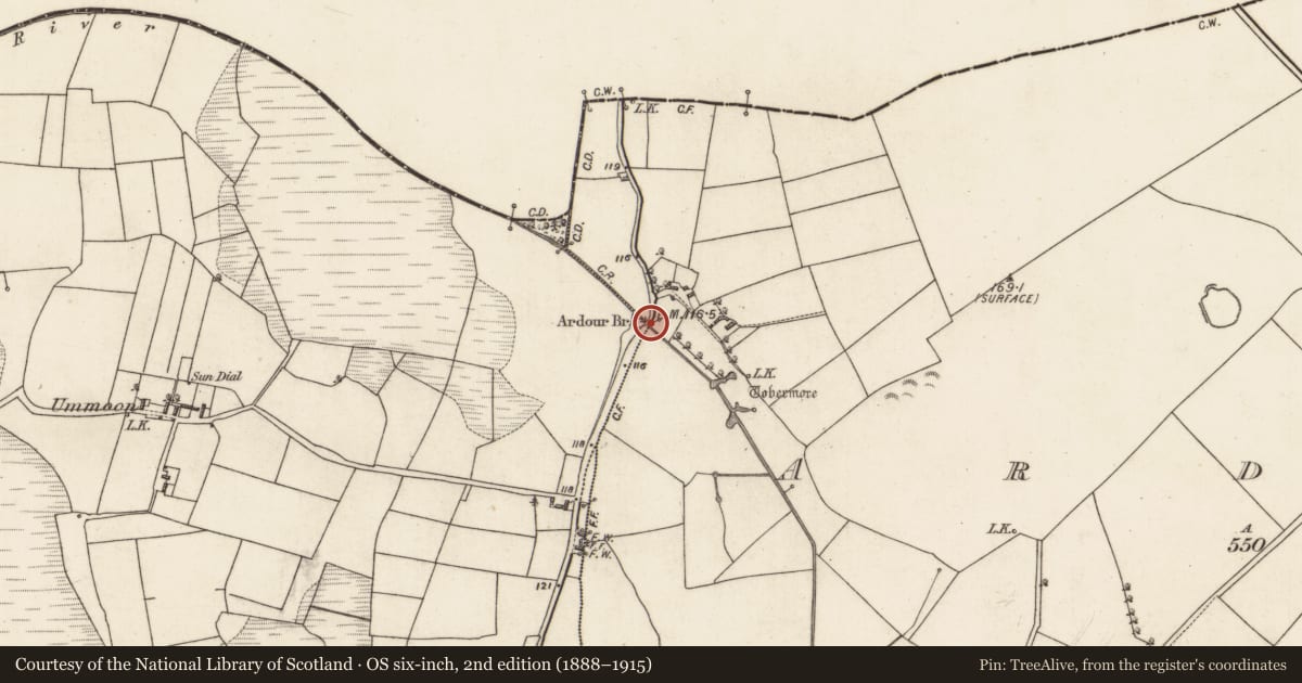Ordnance Survey six-inch map, 2nd edition (1888–1915) covering the location of Bridge, Ardour, County Galway, with a pin at the register's coordinates