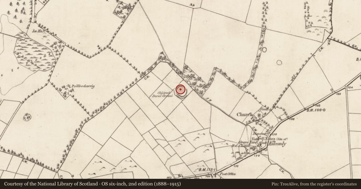 Ordnance Survey six-inch map, 2nd edition (1888–1915) covering the location of Children's burial ground, Ballynagittagh, County Galway, with a pin at the register's coordinates