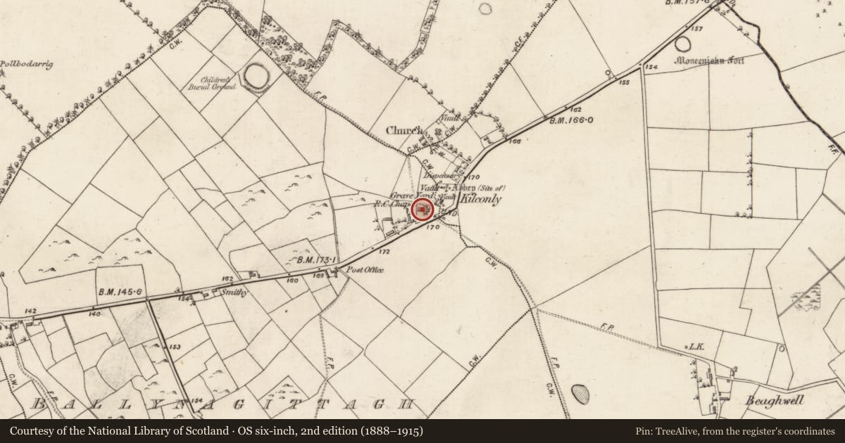 Ordnance Survey six-inch map, 2nd edition (1888–1915) covering the location of Church, Ballynagittagh, County Galway, with a pin at the register's coordinates