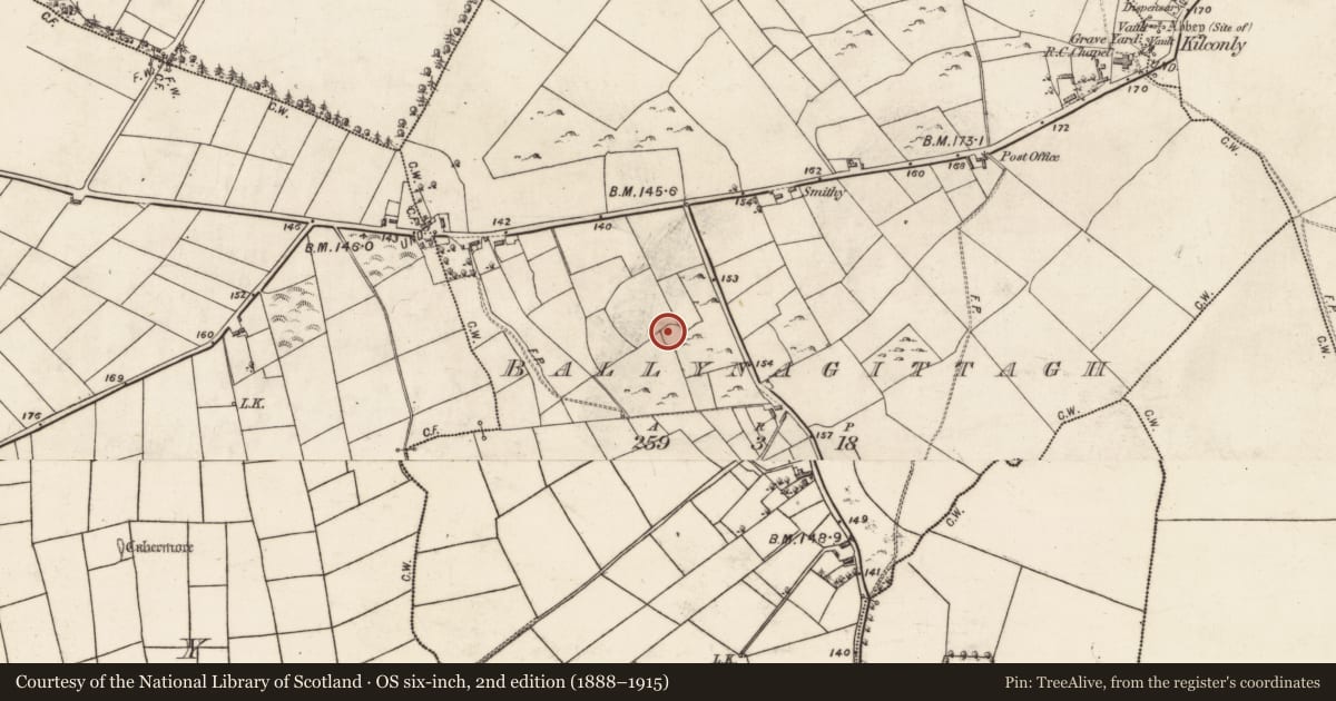 Ordnance Survey six-inch map, 2nd edition (1888–1915) covering the location of Enclosure, Ballynagittagh, County Galway, with a pin at the register's coordinates
