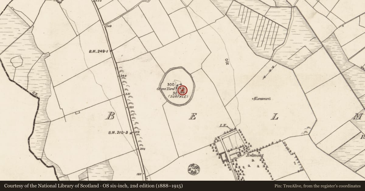 Ordnance Survey six-inch map, 2nd edition (1888–1915) covering the location of Burial ground, Belmont, County Galway, with a pin at the register's coordinates