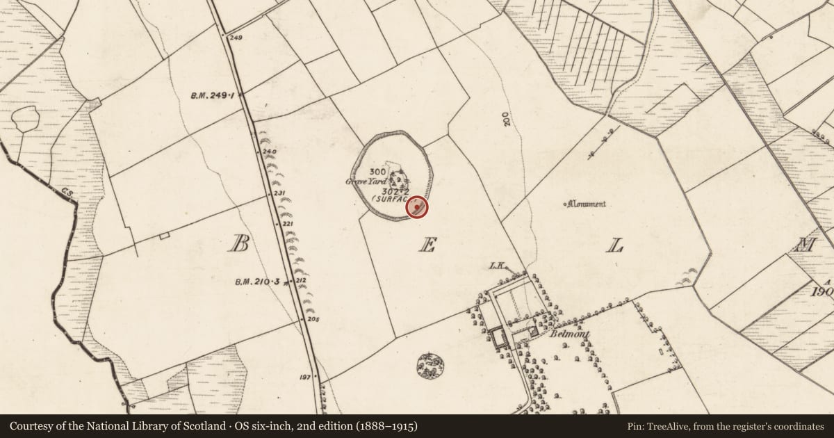 Ordnance Survey six-inch map, 2nd edition (1888–1915) covering the location of Burial ground, Belmont, County Galway, with a pin at the register's coordinates