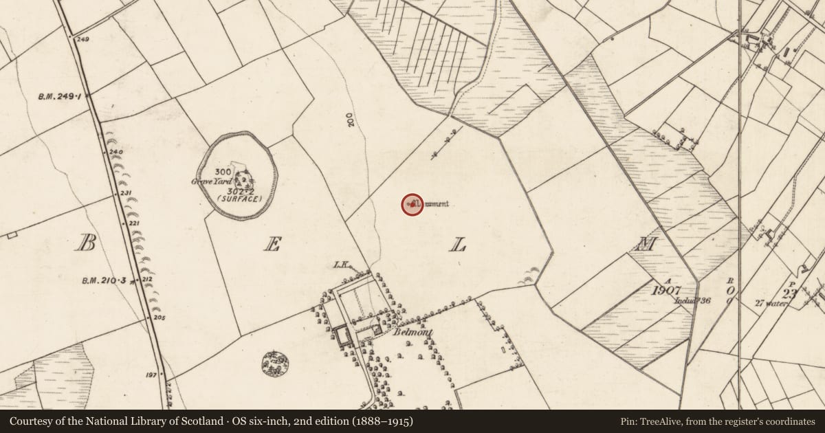 Ordnance Survey six-inch map, 2nd edition (1888–1915) covering the location of Monumental structure, Belmont, County Galway, with a pin at the register's coordinates