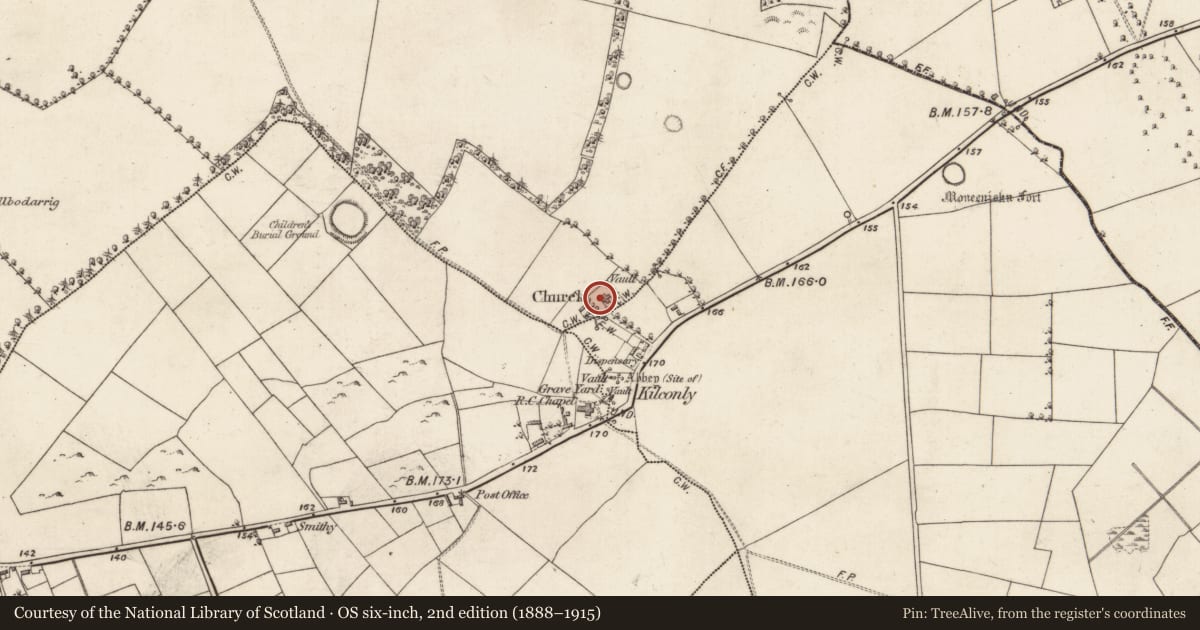 Ordnance Survey six-inch map, 2nd edition (1888–1915) covering the location of Church, Blindwell, County Galway, with a pin at the register's coordinates