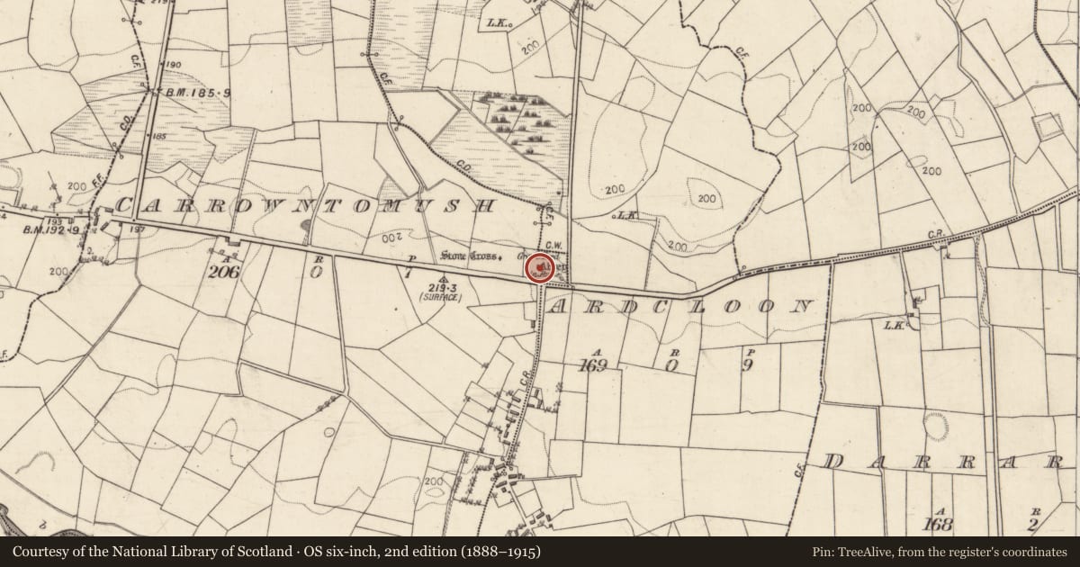 Ordnance Survey six-inch map, 2nd edition (1888–1915) covering the location of Church, Carrowntomush, County Galway, with a pin at the register's coordinates