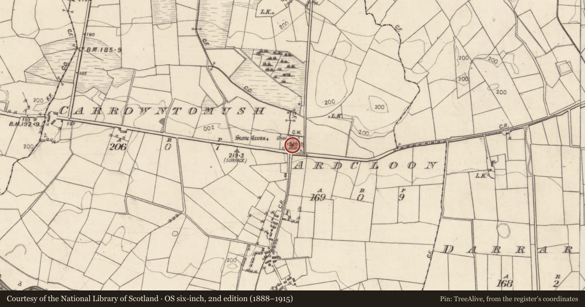 Ordnance Survey six-inch map, 2nd edition (1888–1915) covering the location of Cross-slab, Carrowntomush, County Galway, with a pin at the register's coordinates