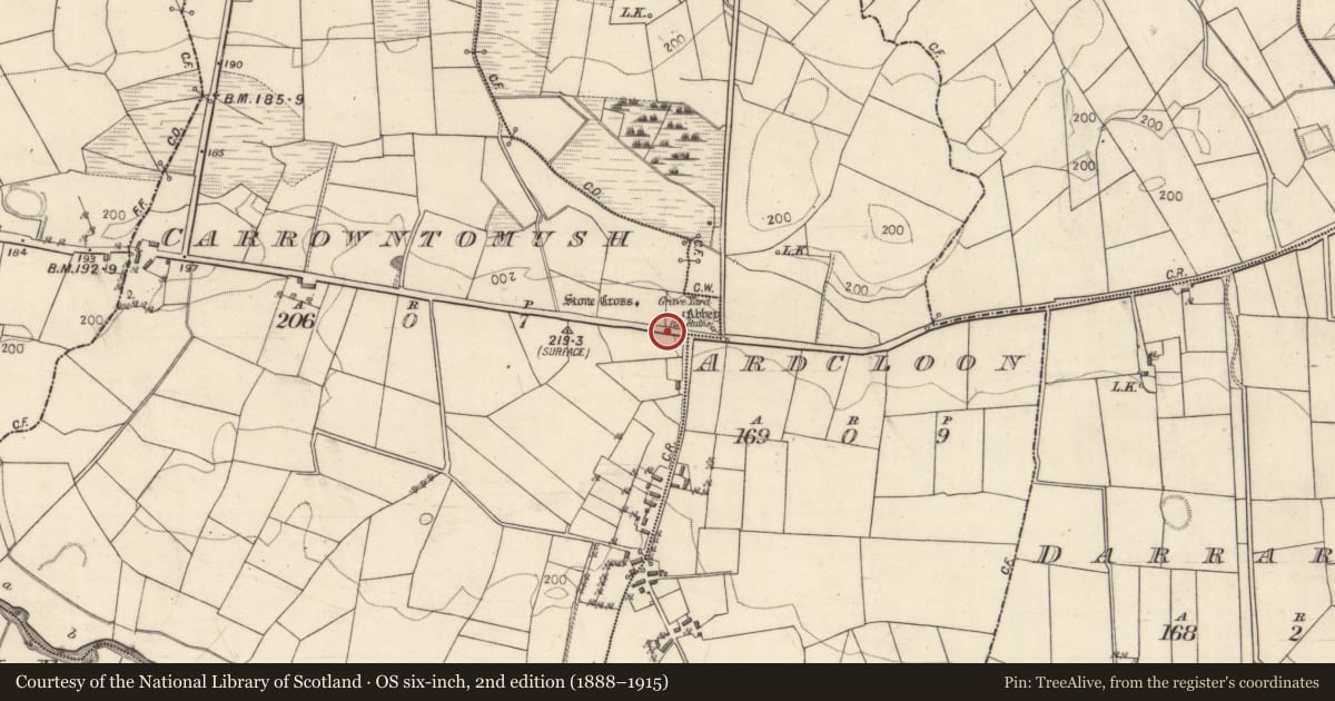 Ordnance Survey six-inch map, 2nd edition (1888–1915) covering the location of Cross - High cross (present location), Carrowntomush, County Galway, with a pin at the register's coordinates