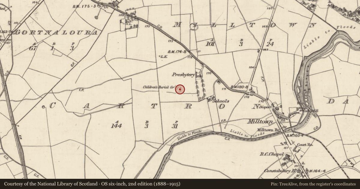 Ordnance Survey six-inch map, 2nd edition (1888–1915) covering the location of Children's burial ground, Cartron, County Galway, with a pin at the register's coordinates