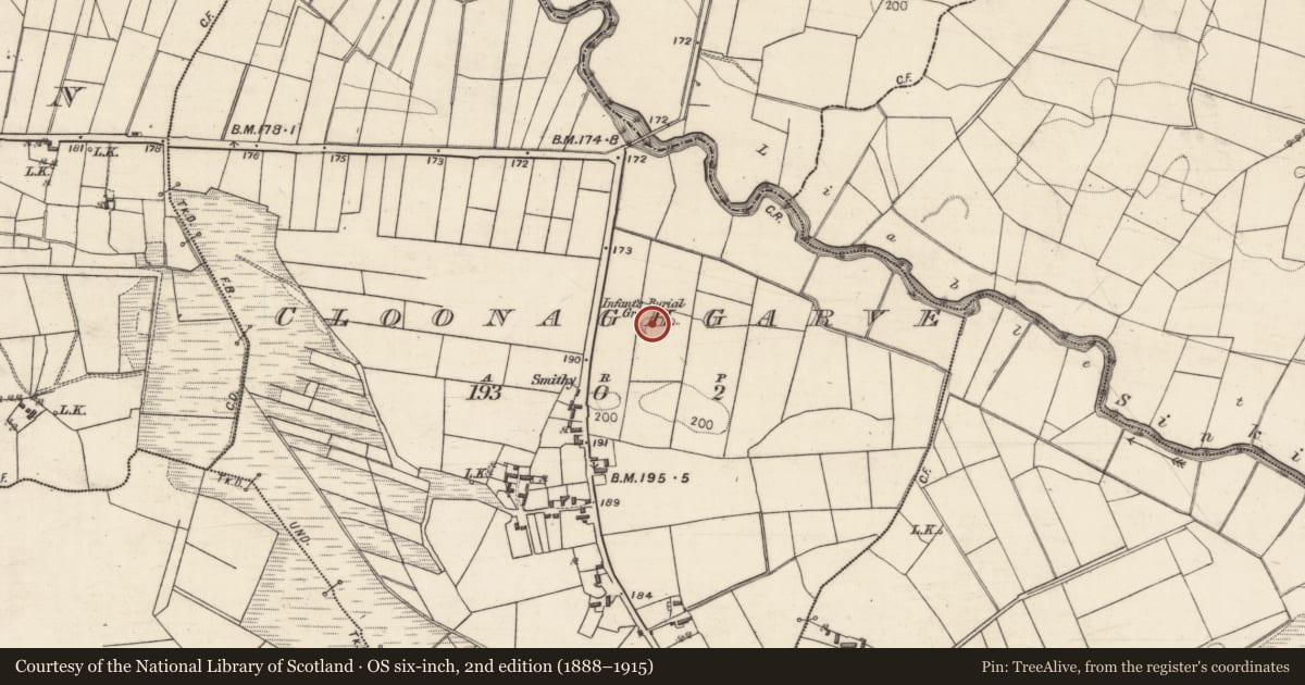 Ordnance Survey six-inch map, 2nd edition (1888–1915) covering the location of Children's burial ground, Cloonaghgarve, County Galway, with a pin at the register's coordinates
