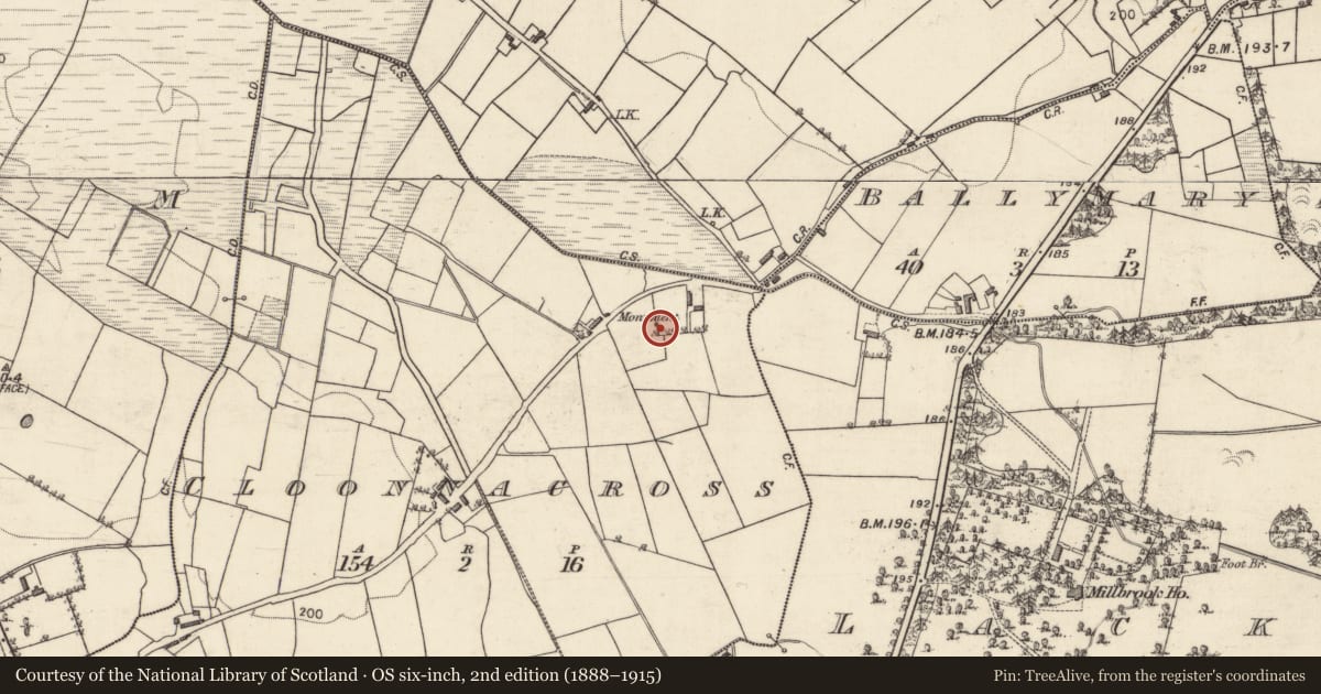 Ordnance Survey six-inch map, 2nd edition (1888–1915) covering the location of Leacht cuimhne, Cloonnacross, County Galway, with a pin at the register's coordinates