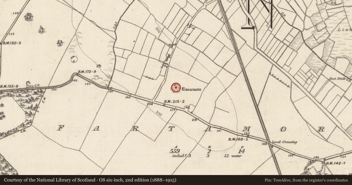 Ordnance Survey six-inch map, 2nd edition (1888–1915) covering the location of Children's burial ground, Fartamore, County Galway, with a pin at the register's coordinates