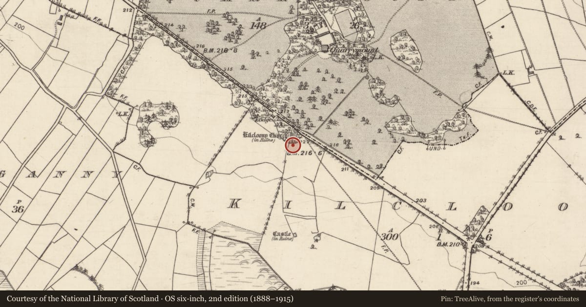 Ordnance Survey six-inch map, 2nd edition (1888–1915) covering the location of Designed landscape feature, Kilcloony, County Galway, with a pin at the register's coordinates