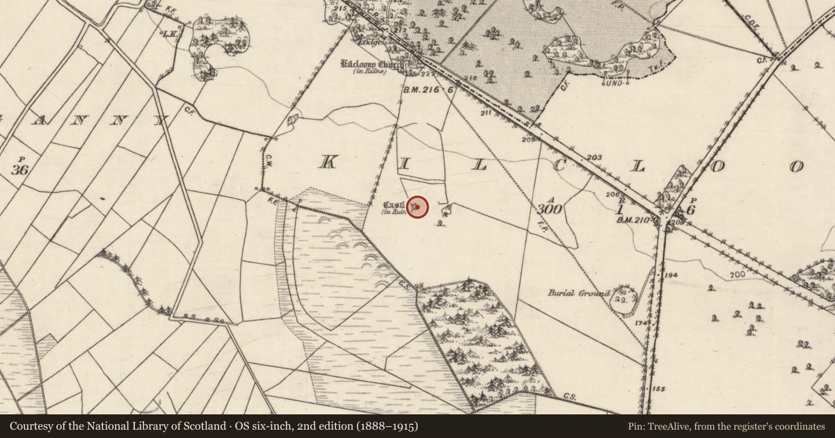 Ordnance Survey six-inch map, 2nd edition (1888–1915) covering the location of Field system, Kilcloony, County Galway, with a pin at the register's coordinates