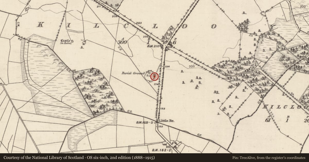 Ordnance Survey six-inch map, 2nd edition (1888–1915) covering the location of Burial ground, Kilcloony, County Galway, with a pin at the register's coordinates
