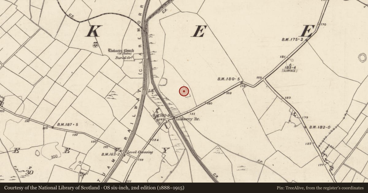 Ordnance Survey six-inch map, 2nd edition (1888–1915) covering the location of Enclosure, Kilgevrin, County Galway, with a pin at the register's coordinates