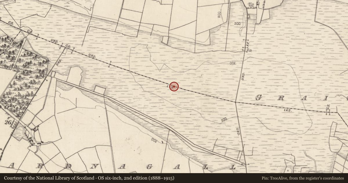 Ordnance Survey six-inch map, 2nd edition (1888–1915) covering the location of Boundary mound, Ardnagall, Knockballyvishteal, County Galway, with a pin at the register's coordinates