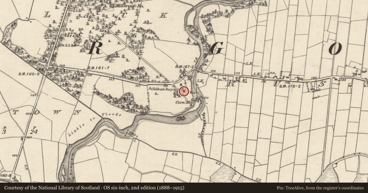 Ordnance Survey six-inch map, 2nd edition (1888–1915) covering the location of Children's burial ground, Lack, County Galway, with a pin at the register's coordinates