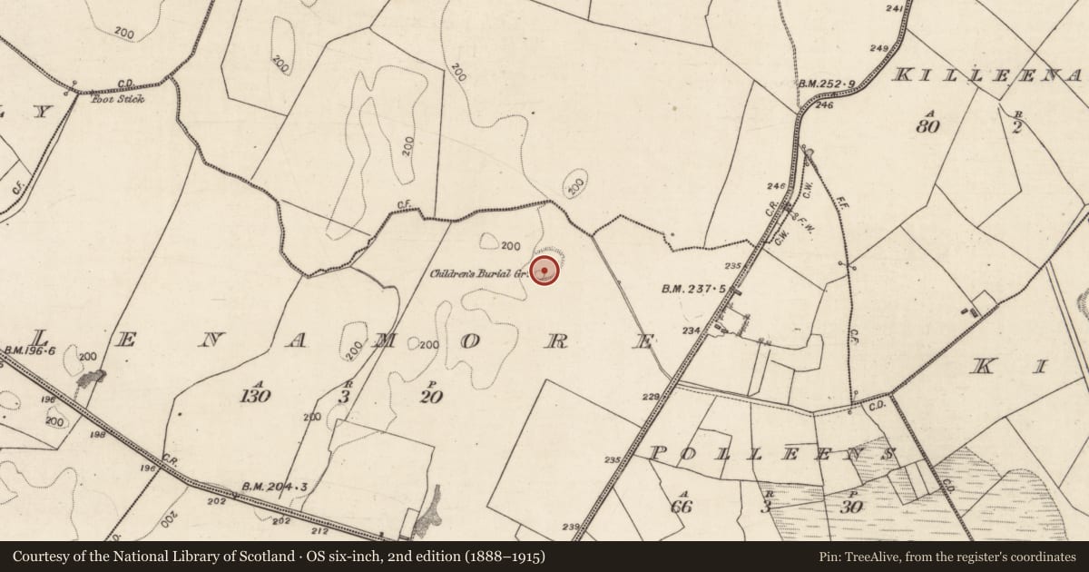 Ordnance Survey six-inch map, 2nd edition (1888–1915) covering the location of Children's burial ground, Lenamore, County Galway, with a pin at the register's coordinates