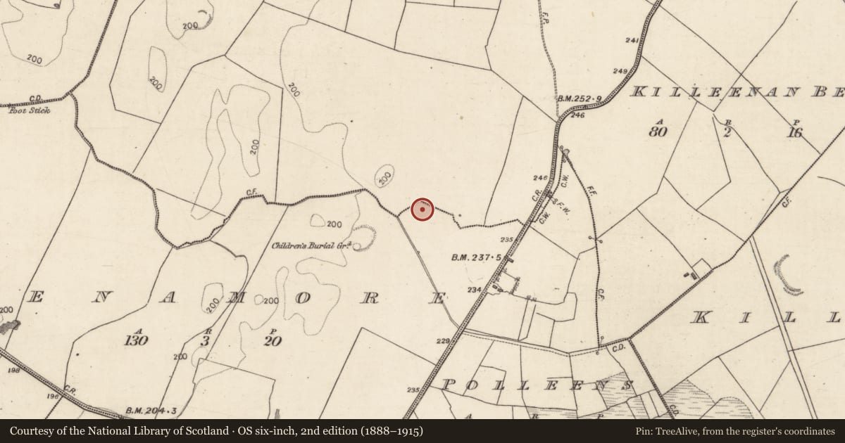 Ordnance Survey six-inch map, 2nd edition (1888–1915) covering the location of Penitential station, Lenamore, County Galway, with a pin at the register's coordinates