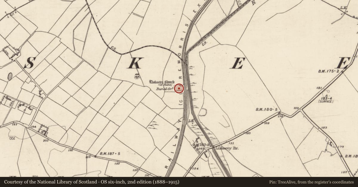 Ordnance Survey six-inch map, 2nd edition (1888–1915) covering the location of Graveyard, Liskeevy, County Galway, with a pin at the register's coordinates