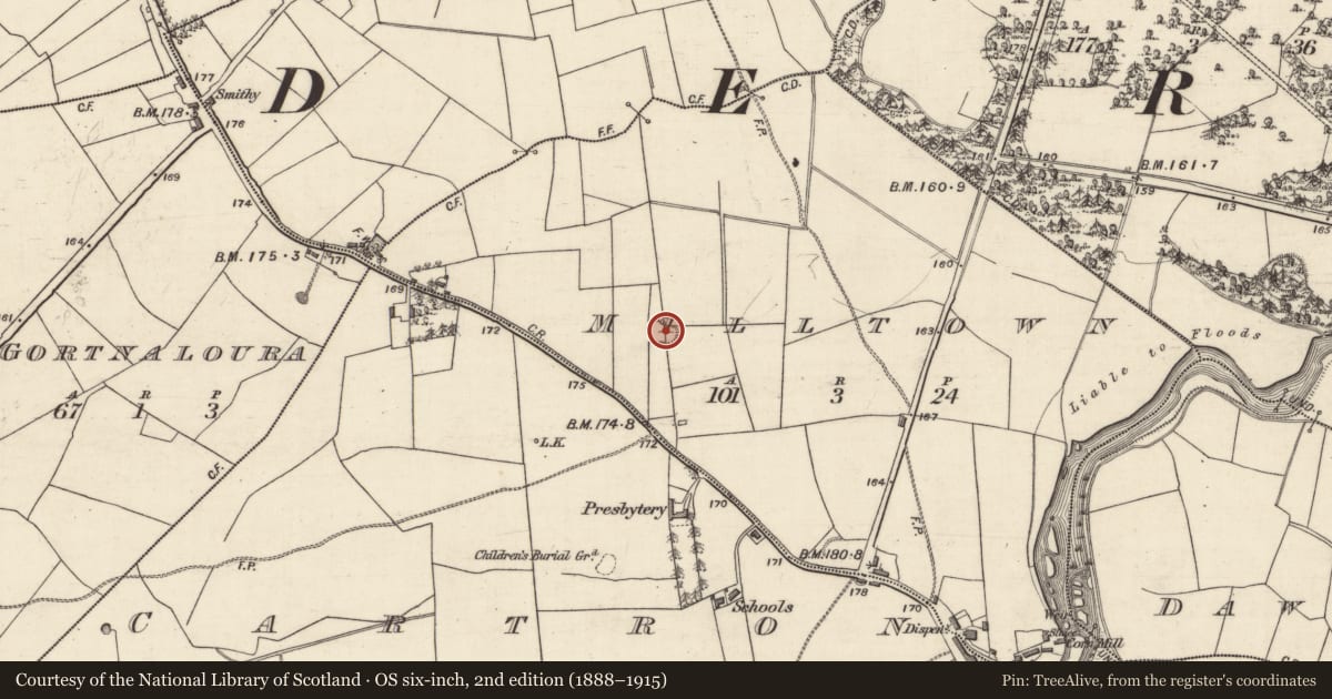 Ordnance Survey six-inch map, 2nd edition (1888–1915) covering the location of Enclosure, Milltown, County Galway, with a pin at the register's coordinates