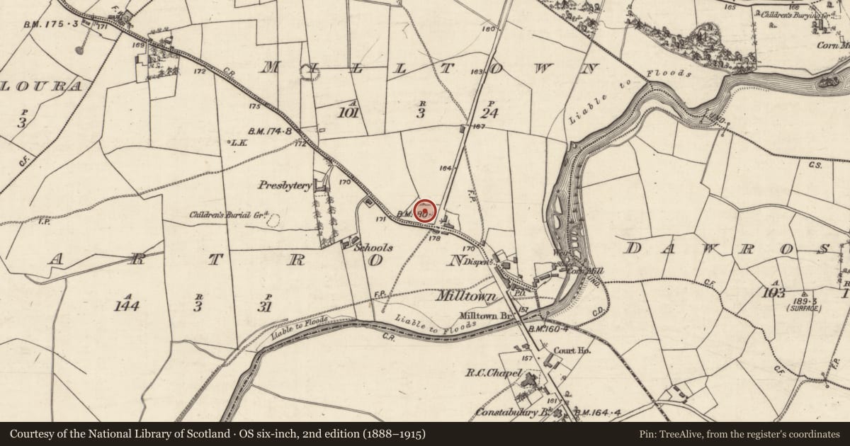 Ordnance Survey six-inch map, 2nd edition (1888–1915) covering the location of Enclosure, Milltown, County Galway, with a pin at the register's coordinates
