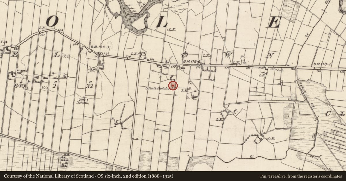 Ordnance Survey six-inch map, 2nd edition (1888–1915) covering the location of Children's burial ground, Russelstown, County Galway, with a pin at the register's coordinates