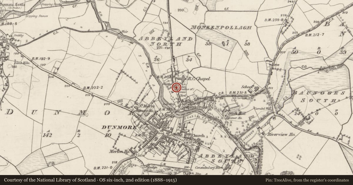 Ordnance Survey six-inch map, 2nd edition (1888–1915) covering the location of Church, Abbeyland North, County Galway, with a pin at the register's coordinates