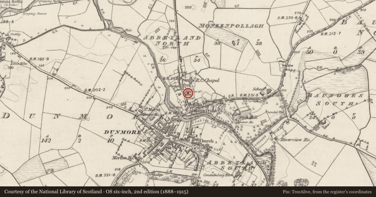 Ordnance Survey six-inch map, 2nd edition (1888–1915) covering the location of Graveyard, Abbeyland North, County Galway, with a pin at the register's coordinates