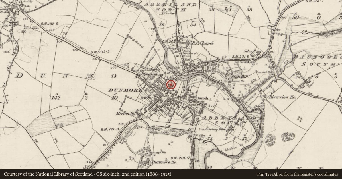 Ordnance Survey six-inch map, 2nd edition (1888–1915) covering the location of Historic town, County Galway, with a pin at the register's coordinates