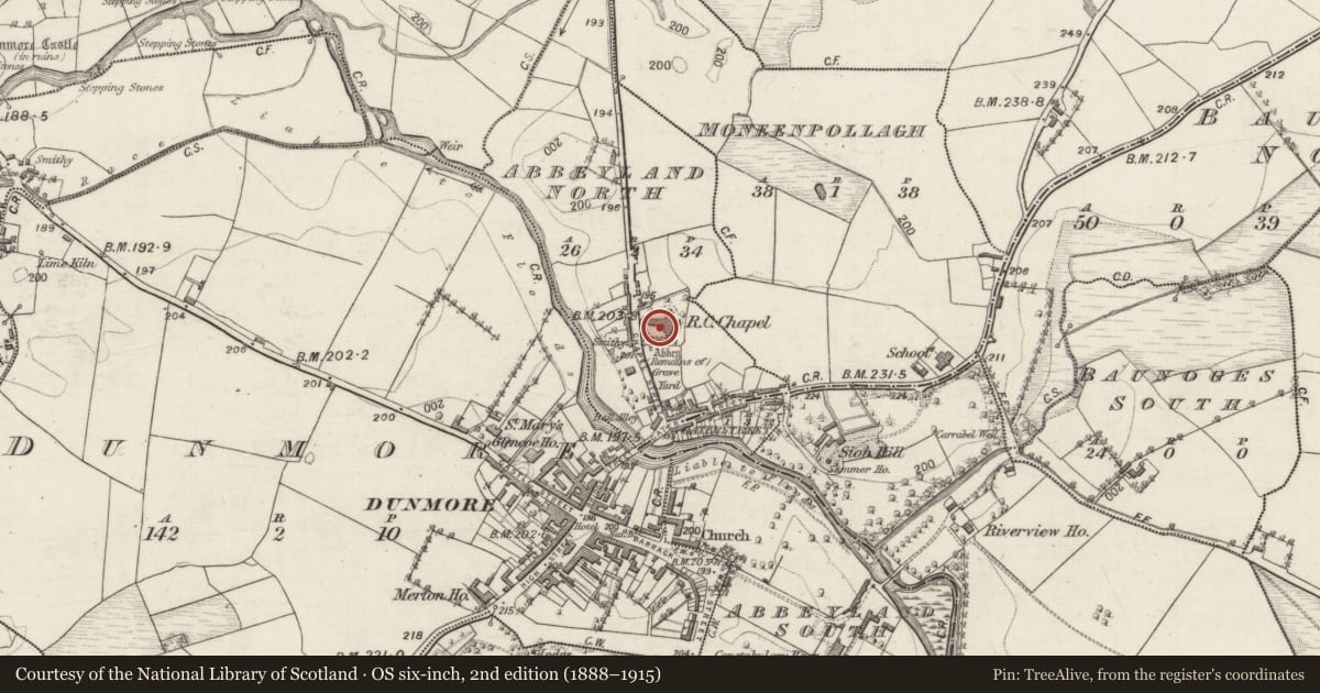 Ordnance Survey six-inch map, 2nd edition (1888–1915) covering the location of Church, Abbeyland North, County Galway, with a pin at the register's coordinates