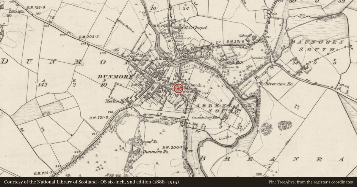 Ordnance Survey six-inch map, 2nd edition (1888–1915) covering the location of Graveslab, Abbeyland South, County Galway, with a pin at the register's coordinates