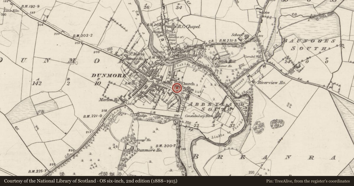 Ordnance Survey six-inch map, 2nd edition (1888–1915) covering the location of Graveslab, Abbeyland South, County Galway, with a pin at the register's coordinates