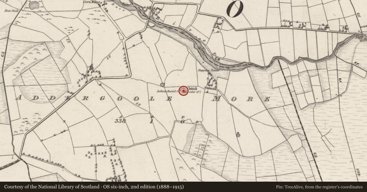 Ordnance Survey six-inch map, 2nd edition (1888–1915) covering the location of Children's burial ground, Addergoole More, County Galway, with a pin at the register's coordinates