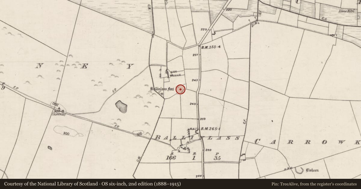 Ordnance Survey six-inch map, 2nd edition (1888–1915) covering the location of Ringfort - rath, Ballinlass, County Galway, with a pin at the register's coordinates